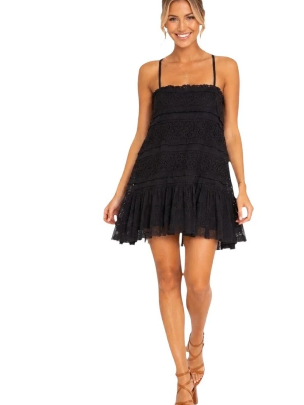 Free people - Women’s Black Lace Tiered Spaghetti-Strap Dress